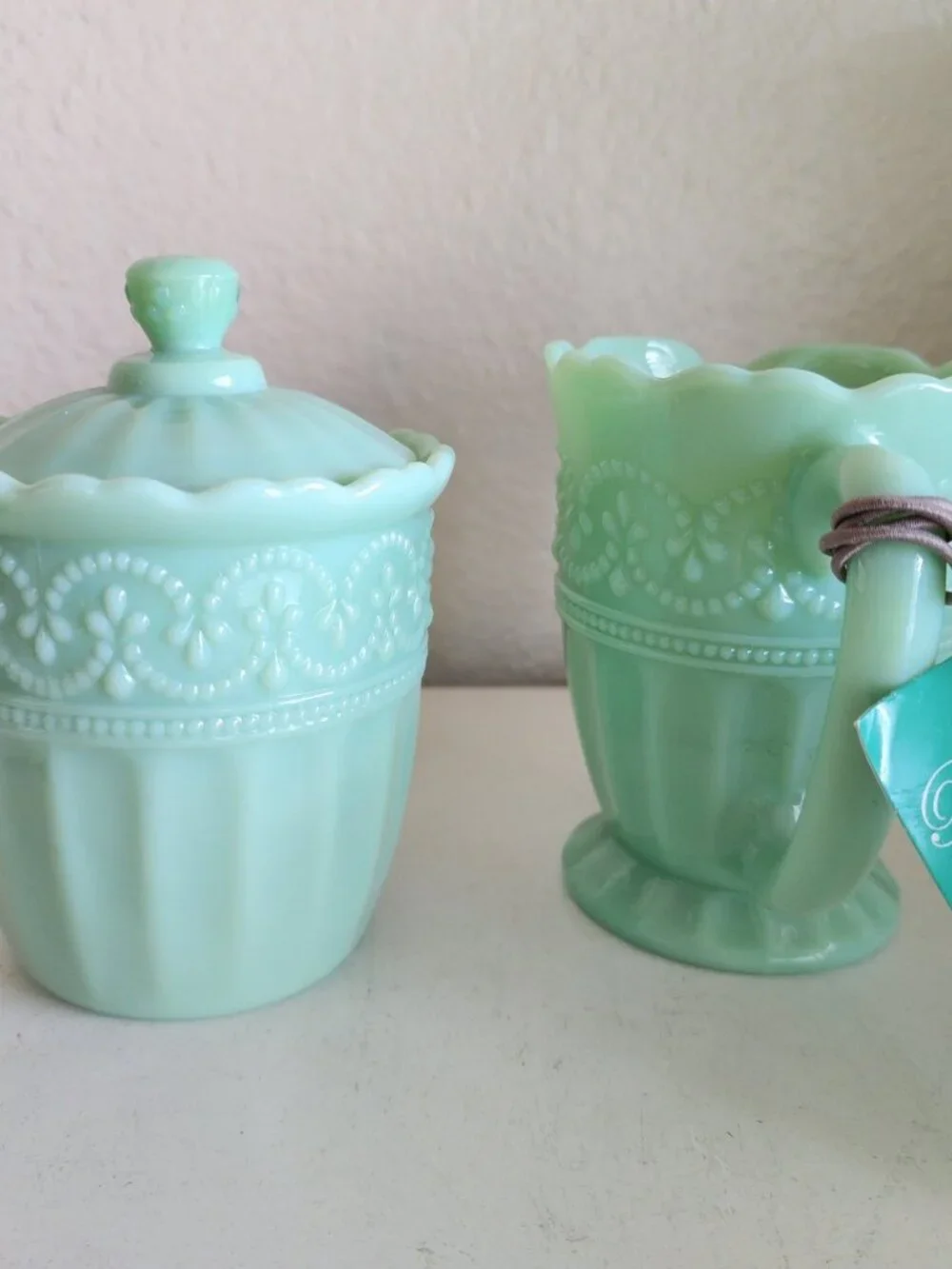Pioneer Woman TIMELESS BEAUTY Jadeite Jadite Green Glass Sugar Creamer NEW NWT